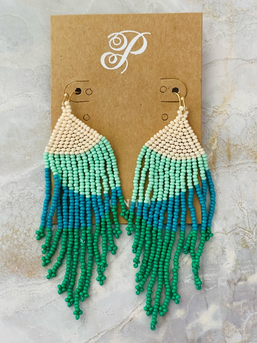 Plunder Beaded Fringe Earrings in Cream, Mint, Blue & Green Ombré